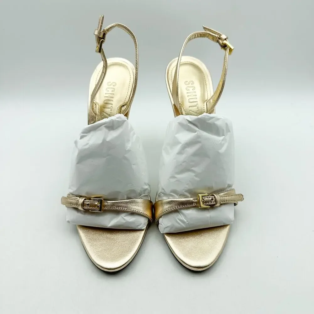SCHUTZ Womens Aurora Sling Heeled Sandals Size 7.5 Platina Gold Stiletto NWOB